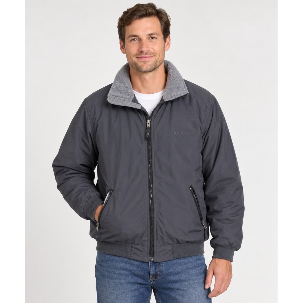 L.L.Bean Mens Large Warm-Up Jacket Gray Fleece Lined Nylon Insulated OUF43